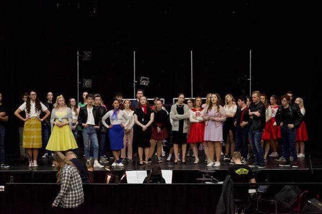The cast lined up across the stage in 1950s costumes