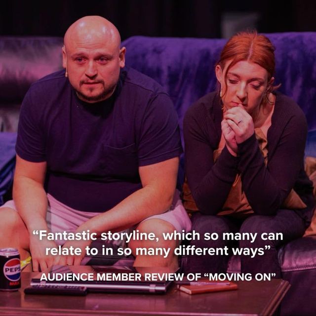 A man and a woman sitting on a sofa, with an audience quote