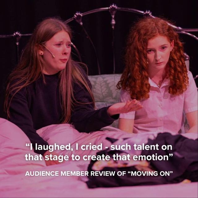 Two young women talking on a bed, with an audience quote