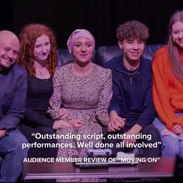 The cast sitting together on a sofa, with an audience quote