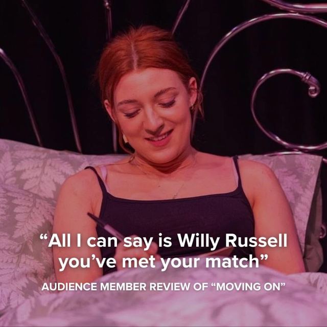 A smiling young woman sitting up in bed, with an audience quote