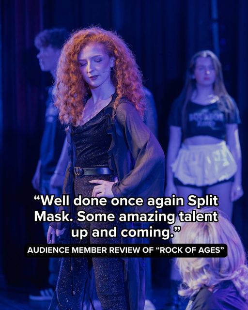 A performer with red curls on stage, with an audience quote