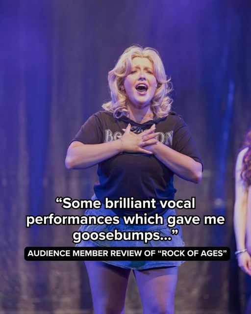 A blonde performer singing, hand on heart, with an audience quote