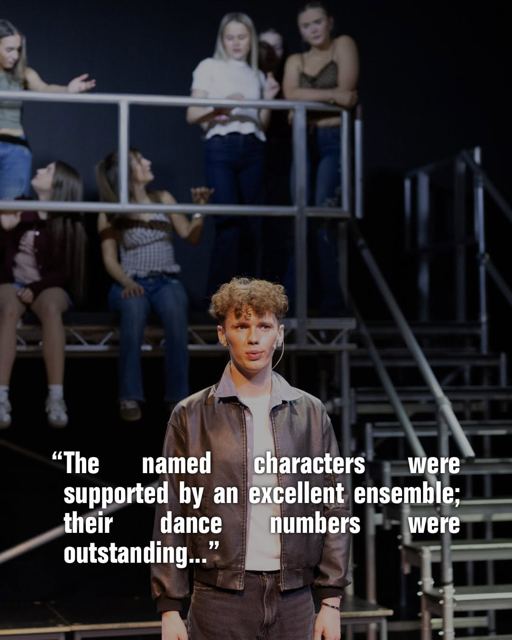 A young man in a leather jacket, with a review quote