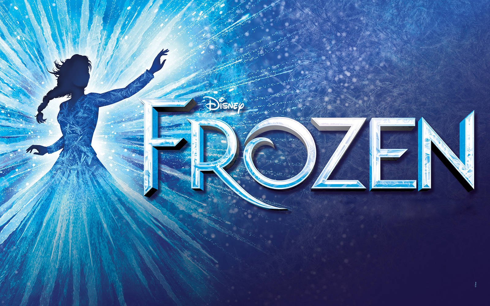 Frozen artwork. The silhouette of a figure with a braid, arms outstretched, in a burst of ice crystals, beside the Frozen title in icy lettering on a blue background.